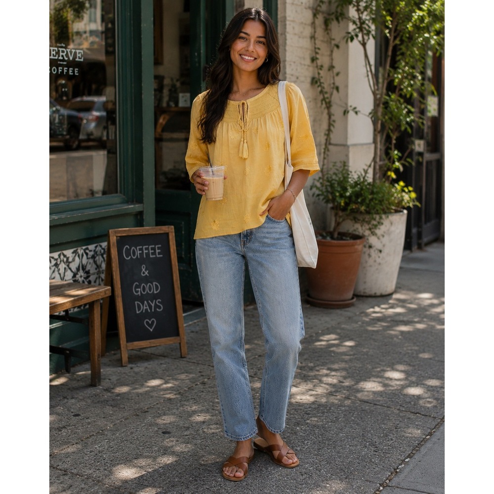 Magaschoni Women 100% Linen Embroidered Crop Smocked Peasant Blouse Sz S Yellow